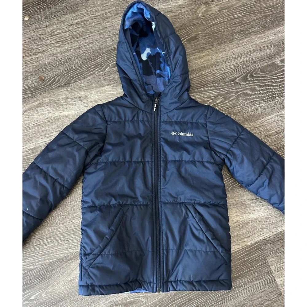 Columbia Reversible Jacket Boys 8 Blue Camo Hooded Fleece Lined Puffer Winter